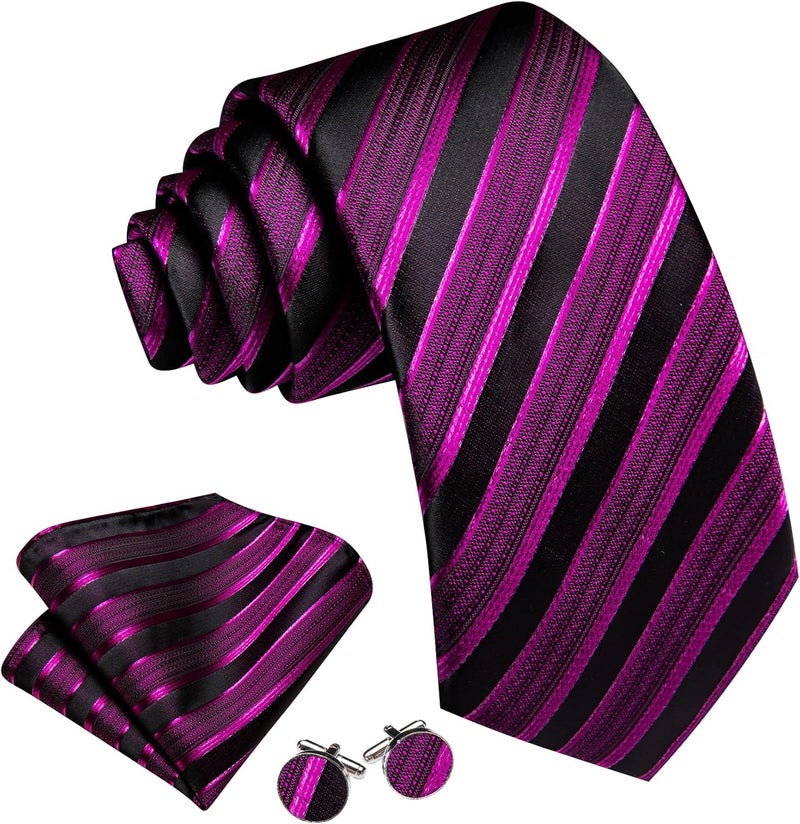 Barry.Wang Store Tie Sets for Men Silk Stripe Necktie Woven Checkered Handkerchief Cufflinks Formal Business Wedding - Image 3